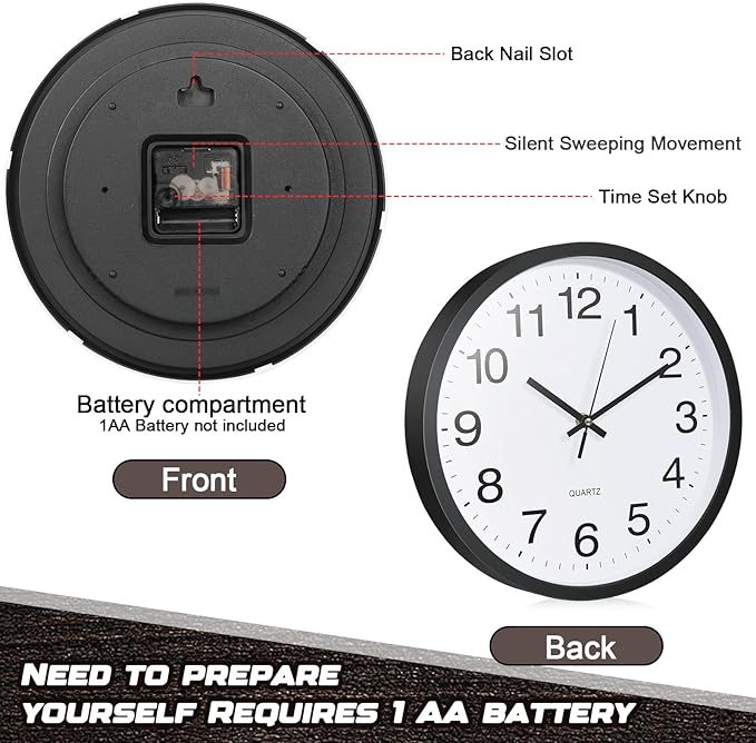 Inbagi 8 Pcs Wall Clock Bulk Large Silent Battery Operated Classroom Clocks Quartz Analog Non Ticking Wall Clocks Round for Office School Kitchen Classroom Home Bedroom Decorative(Black,12 Inch)