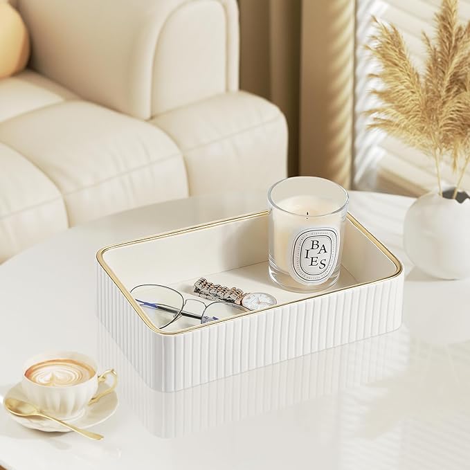 Desk Organizer Tray, PU Leather Valet Tray Nightstand Organizer Cologne Perfume Tray for Men Women, Decorative Vanity Tray Key Bowl Trinket Dish Bathroom Bedroom Accessories (Ivory)