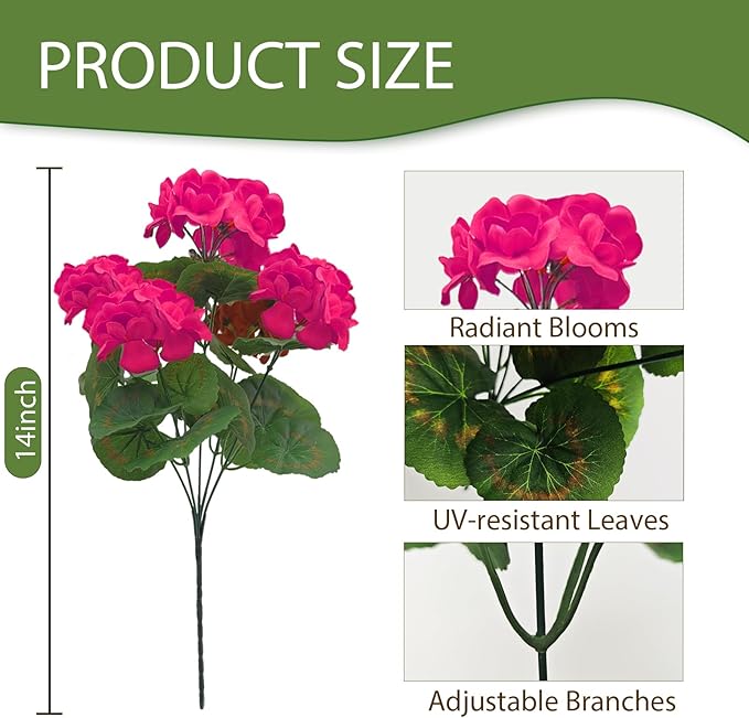 Fake Outdoor Flowers, 4 Pcs Artificial Flowers For Outdoors, Rose Red Artificial Geraniums Plastic Flowers, Fake Plant For Outside, Silk Faux Flowers For Outdoor Planters UV Resistant For Front Porch