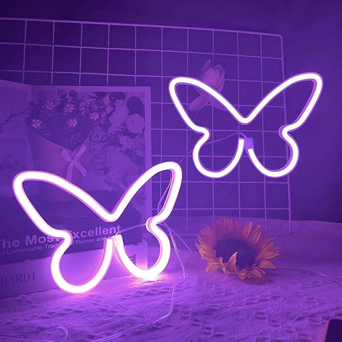 2 PCS Butterfly Neon Signs Purple Butterfly LED Neon Light for Bedroom,USB/3AA Battery Powered Neon Light Sign Wall Art for Valentines Day Birthday Wedding Party Home Bar Decorations
