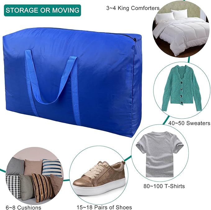 100L Extra Large Storage Bags, Big Moving Bags with Strong Zippers & Carrying Handles, Packing Bags for Moving, Storage, Travel and Camping, Storage Totes For Space Saving (Blue, 2 Pack)