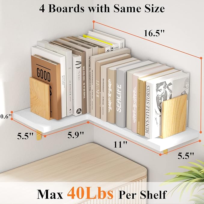 Love-KANKEI Corner Shelf Wall Mounted,Floating Wall Shelves for Storage,Rustic Wood Hanging Shelves for Display,Bedroom Bathroom Living Room Kitchen,Set of 4,White