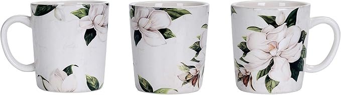 Bico Magnolia Floral Ceramic Mugs, Set of 4, for Coffee, Tea, Drinks, Microwave & Dishwasher Safe