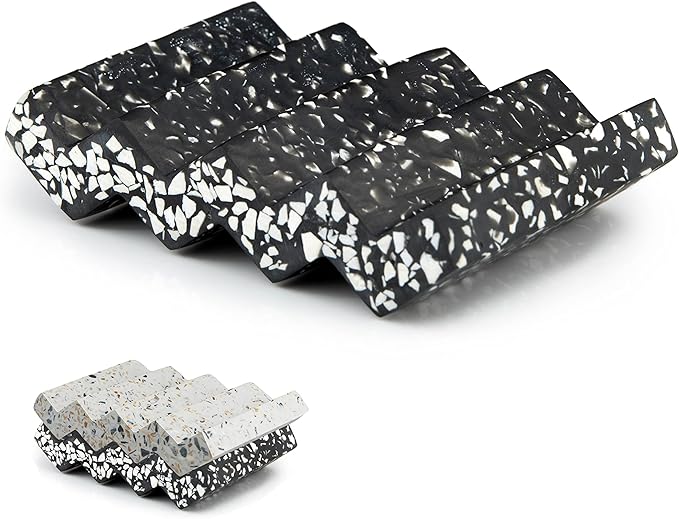 Zig Zag Jesmonite Terrazzo Stone Soap Dish for Bathroom Sink - Concrete Soap Saver for Bar Soap Holder for Shower - Sponge Holder - Self Draining Soap Dish Holder - Kitchen Soap Tray (Black)