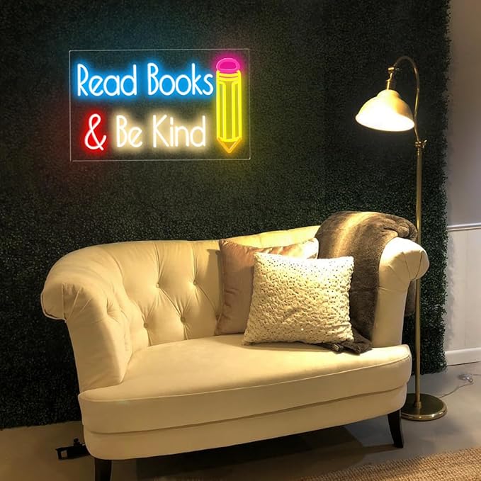 Read Books and Be Kind Neon Sign for Wall Decor, Dimmable LED Reading Sign Classroom, USB Books Neon Light for Reading Room Library Book Party Decoration, 15”x 9.2”