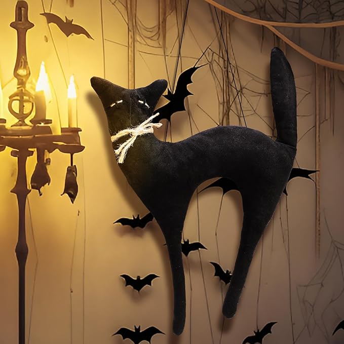 Suhine 16 Inch Halloween Black Cat Decoration Black Moon Cat Gifts Realistic Hanging Vintage Primitiva Halloween Decoration