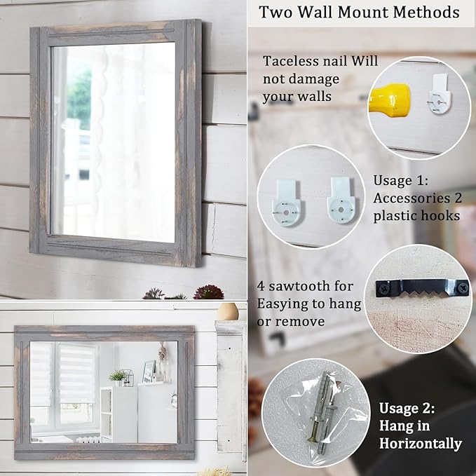 AAZZKANG Wood Framed Mirror Rectangular Rustic Wall Mirrors Decorative Large 28"x20" for Farmhouse Bathroom Living Room Bedroom Grey