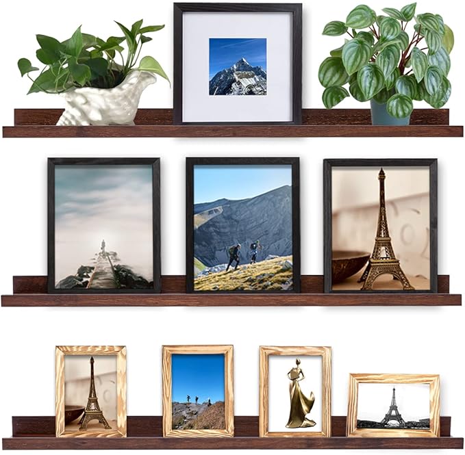 MBYD 36 Inch Wood Floating Shelves Wall Mounted Deep Walnut Picture Ledge Shelf Nursery Book Shelves for Home Decor for Bedrooms, Office, Living Room, Kitchen, 3 Same Sizes