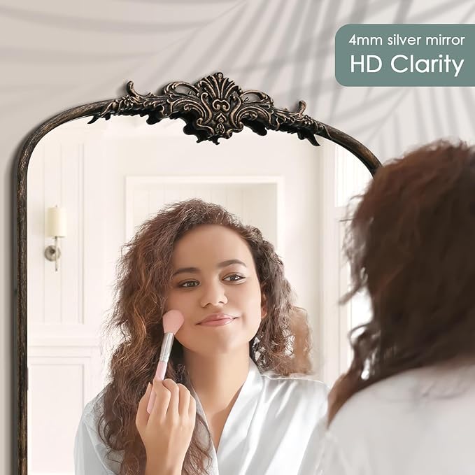 Antique Baroque Arched Mirror: 24"x42" Black Vintage Wall Mounted Mirror - Traditional Ornate Metal Frame - Ideal for Entryway/Living Room/Hallway/Bathroom