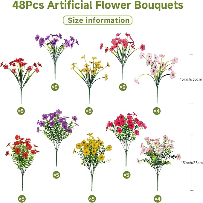 48 Bundles Artificial Flowers for Outdoors Decoration, UV Resistant Silk Violet with Leaf Grass and Eucalyptus Spring Fake Plants for Outside Indoor Yard Home Patio Porch Decor, Mix 5 Colors