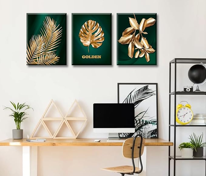 JiazuGo 3Pcs Emerald Green and Gold Canvas Prints - Tropical Botanical Wall Art for Bathroom Bedroom Decor, Mid Century Modern Vintage Room Decorations, Framed Plant Pictures