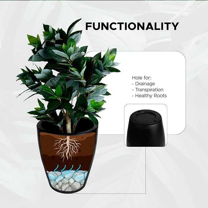 Elly Décor 23 inch Planter for Garden with Drainage, Large Round, Lightweight & Extremely Durable, Deck Indoor/Outdoor Plastic Pot, 23.6" x 21.6"x14, Black