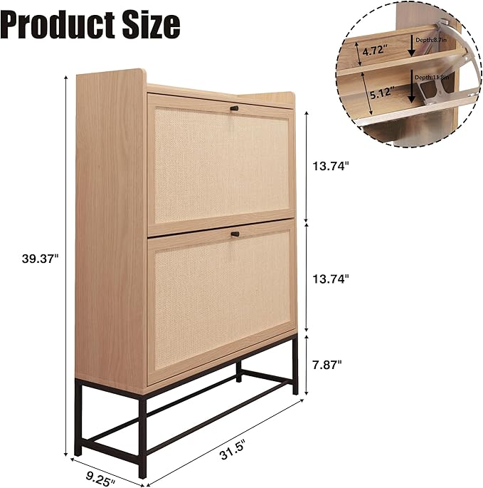 AVZEAR Narrow Shoe Storage Cabinet for Entryway with 2 Flip Drawers, Freestanding Shoe Cabinet with Natural Linen Panel, Slim Wood Shoe Organizer Closed Shoe Rack for Hallway, Foyer(Natural)