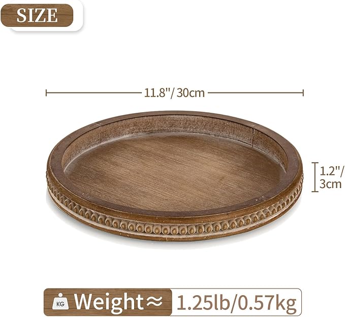 Hanobe Decorative Serving Tray Round: Brown Beaded Trays for Coffee Table Rustic Wooden Candle Holder Decor Farmhouse Vintage Centerpiece for Living Room Kitchen Counte
