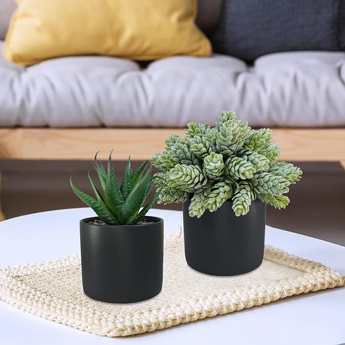 Winlyn Set of 3 Small Artificial Potted Succulent Plants Faux Aloe Hops String of Pearls Succulents in Black Cylinder Pots for Gift Home Office Bathroom Indoor Outdoor Table Shelf Windowsill Décor
