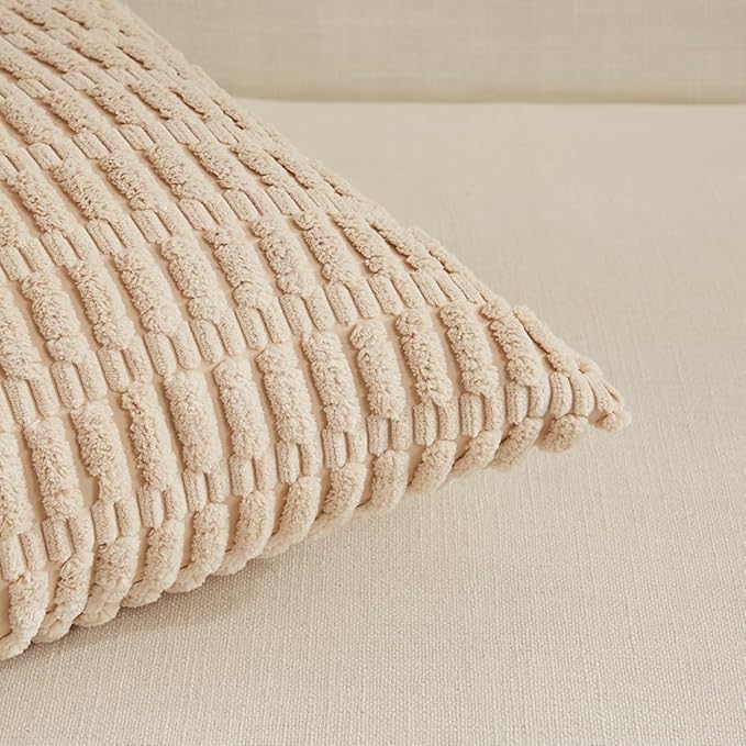 Fancy Homi 4 Packs Neutral Big Decorative Throw Pillow Covers 24x24 Inch for Living Room Couch Bed Sofa, Rustic Farmhouse Boho Home Decor, Soft Plush Striped Corduroy Square Cushion Case 60x60 cm