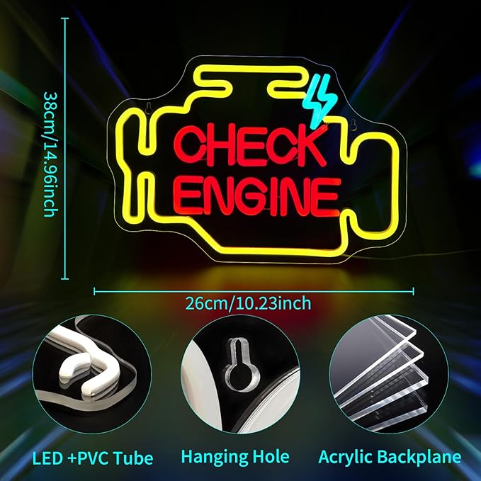 Check Engine Neon Sign Led Neon Signs for Wall Decor Yellow Light Up Sign Preppy Girls Room Decor USB Powered