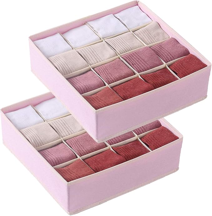 Qozary 2 Pack Socks Underwear Drawer Organizer Divider, 24 Cell or 16 Cell Collapsible Cabinet Closet Organizer Storage Boxes for Clothes, Socks, Lingerie, Underwear, Ties