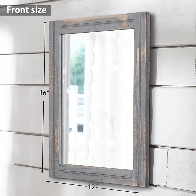 AAZZKANG Wood Framed Mirror Rectangular Rustic Wall Mirrors Decorative Small for Farmhouse Bathroom Living Room Bedroom Grey