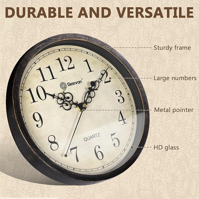 Geevon Vintage Wall Clock 10" Silent Non-Ticking - Retro Round Quartz Battery Operated Decorative Clock for Kitchen, Living Room, Bedroom, Office, Classroom