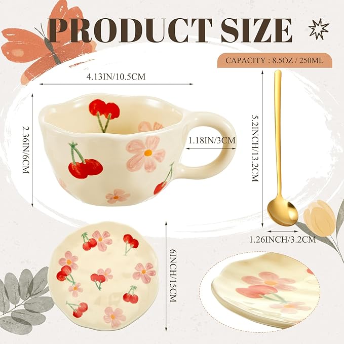 Vesici Ceramic Cherry Floral Tea Cups and Saucers 8.5 oz Ceramic Coffee Mug with Saucer Set Floral Mug with Handles Spoons Creative Flower Cup for Office Home, Dishwasher and Microwave Safe