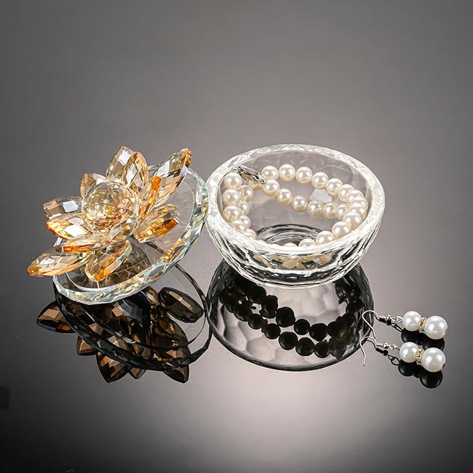 Crystal Jewelry Box Lotus Glass Jewelry Trinket Box with Lid Decorative Box to Ring Earrings Necklace Storage Holder for Home Decor (Gold)
