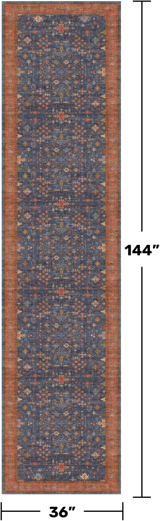 Washable 12 ft Long Runner for Kitchen Floor - Navy Blue Hallway Runner Rug, Pet Friendly Waterproof Non Slip with Rubber Backing, Stain Resistant Laundry Room Rug (3x12 Navy Blue & Terracotta)