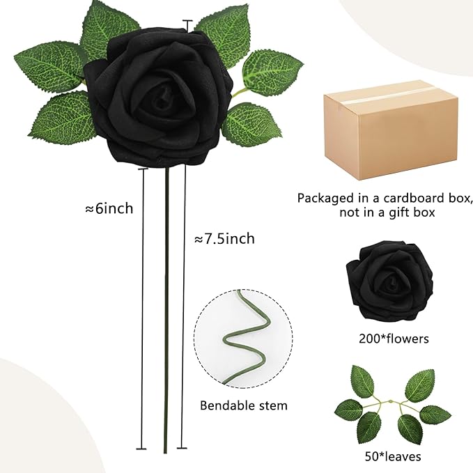200PCS Black Artificial Flowers Roses Real Looking Foam Fake Roses with Leaves for DIY Wedding Bouquets Bridal Shower Party Decorations (Black, 200)