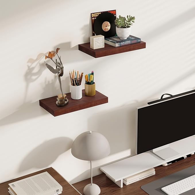 Floating Shelves for Wall, Real Wood Floating Shelf Set of 2, 8 Inch Deep Floating Shelves, Rustic Wood Wall Shelf for Home Decor, Deep Storage Shelves for Bathroom, Kitchen, 16"W x 8"D, Walnut Color