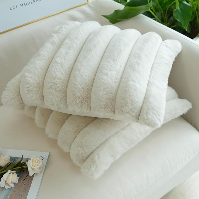 JOJUSIS Pack of 2 Faux Fur Plush Decorative Throw Pillow Covers Couch Cushion Case Soft Fluffy Pillowcases Wide Stripe (Beige, 24 x 24 Inch)