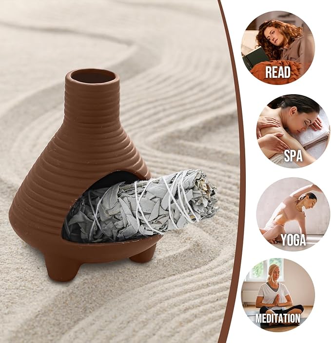 Palo Santo Holder Handmade Ceramics Incense Burner Chimney Dish Smudge Bowl for Palo Santo Sticks Sage Bundles with Brush(Brown) (Aroma Diffuser Red)
