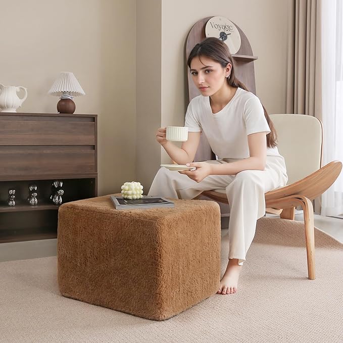 Tiita Pouf Ottoman and Foot Rest, Square Foam Stuffed Floor Pouf with Storag for Living Room, Brown