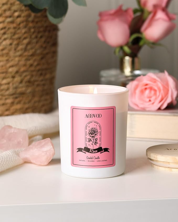AOOVOO Rose Scented Candles for Women - Aromatherapy Candle with Crystals Inside, 7oz Soy Candles for Home Scented, Christmas Birthday Gifts Mothers Day Candle for Women Mom