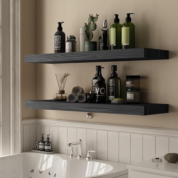 Floating Shelves for Wall - 32 x 9 Inch Natural Wood Shelves for Bathroom, Bedroom, Kitchen Decor, Farmhouse Decor Set of 2, Black