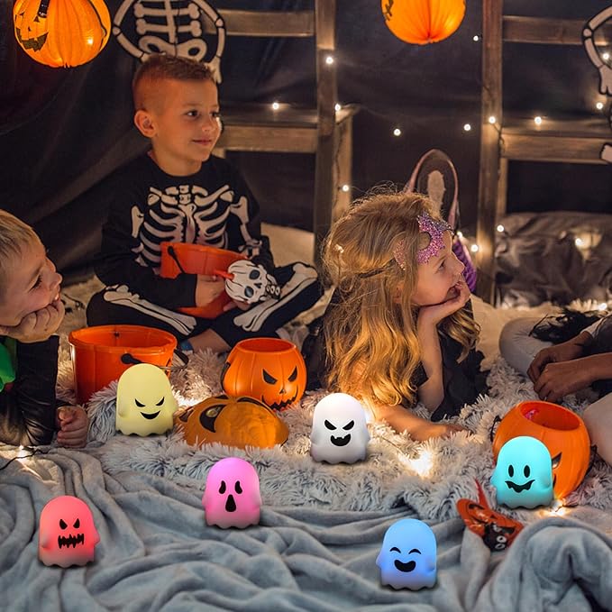 DRomance Ghost Flickering Flameless Candles Battery Operated with Remote and Timer 6 Pack Color Changing Light Spooky White LED Tea Lights Candles Halloween Indoor Decoration Gifts(2 x 2.4 Inches)
