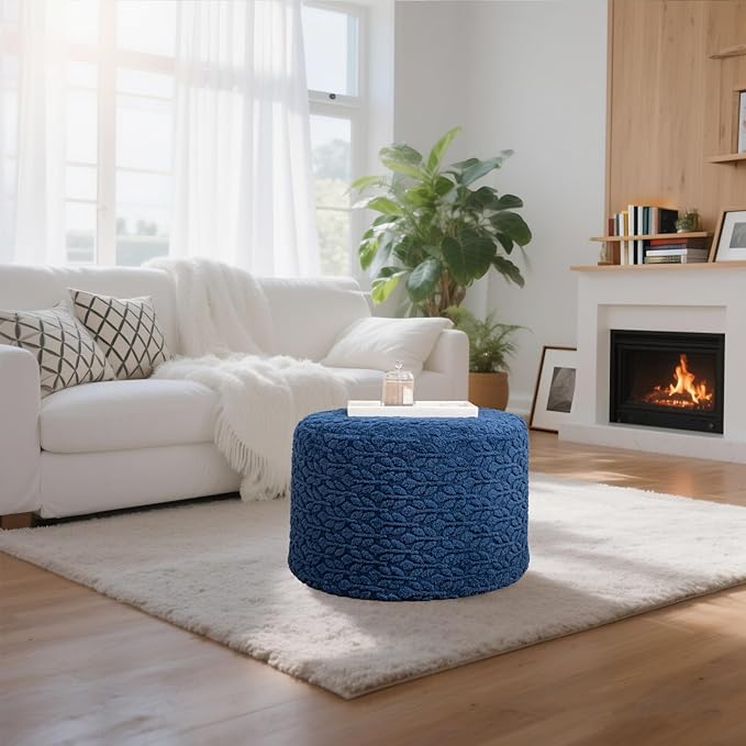 Round Pouf Ottoman Stuffed 20 x 20 x 14 Inches Boho Poof Foot Stool Home Decor Floor Pouffe Ottoman Foot Rest for Couch Sofa Bean Bag Chairs Living Room Bedroom (Navy Blue)