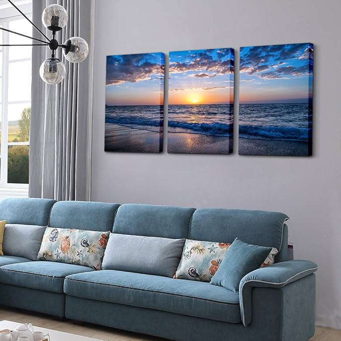 Framed Canvas Wall Art for living room Large Size Office Wall Decor Sunrise blue sea view Wall Pictures Artwork ocean Paintings Ready to Hang for Modern bedroom Home Decoration 16" x 24" 3 Pieces