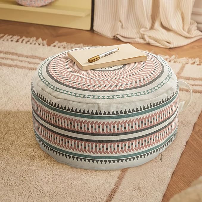 MOCOFO Round Geometric Pattern Pouf Cover with Zipper 18"x18"x8" Storage Canvas Ottoman Seat Footrest for Living Room Bedroom Kids Room Pastel Home Decor