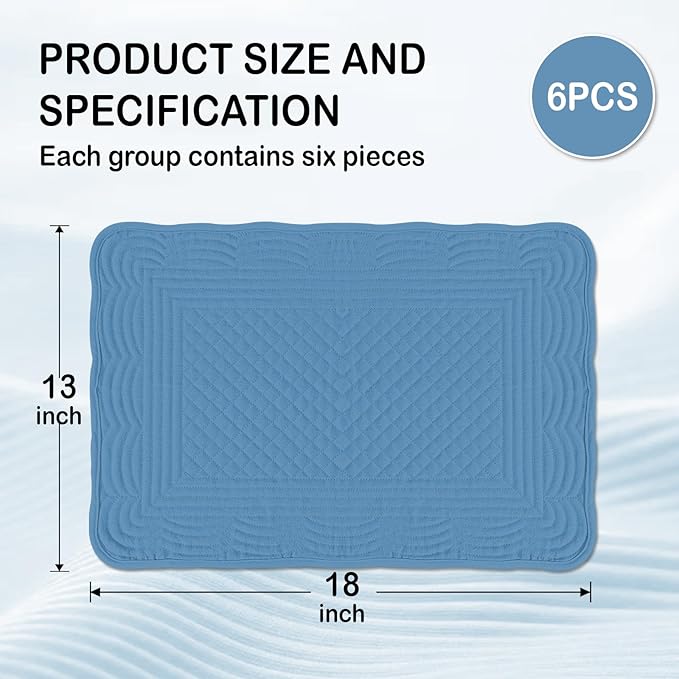 Blue 100% Cotton Placemats Set of 6, Rectangular Placemats Machine Washable-13x18 Inches for Kitchen or Dining Table Fabric Rectangular Table Mats