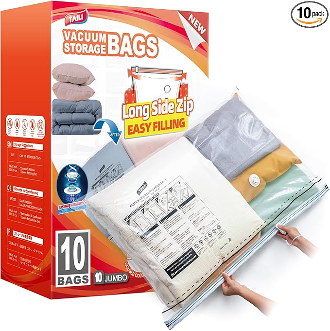 TAILI-LONG SIDE ZIP 10 Pack Vacuum Storage Bags, Vacuum Seal Bags for Clothing(39x28 inches), Jumbo Storage Space Saver for Beddings, Comforters, Blanket, Pillows and Clothes
