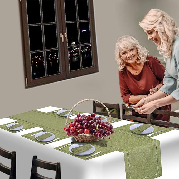 Grelucgo Small Handcrafted Solid Color Dining Table Runner, Dresser Scarf, Double-Hemstitched (Sage Green, 14 x 36)