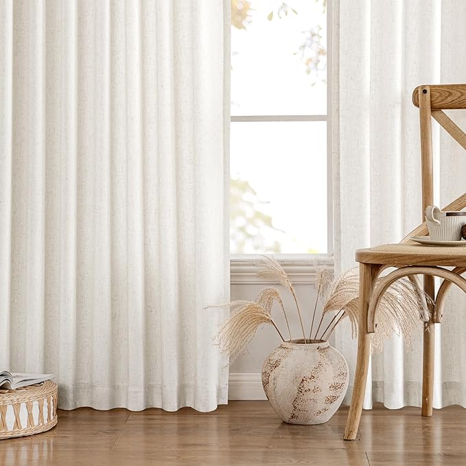 MIULEE Non-See-Through Privacy Linen Curtains 2 Panels, Light Filtering Window Curtains Farmhouse Textured Back Tab Semi Sheer Drapes for Bedroom Living Room, 52 x 96 Inches Long, Natural White