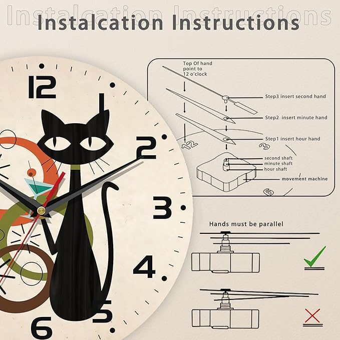 Wall Clock, Black Cat Wall Clocks Wooden Wall Clock Art Hanging Clocks Silent Non-Ticking Wall Clock Battery Operated Round Home Arabic Numeral Decorative Wall Clocks 10 Inch