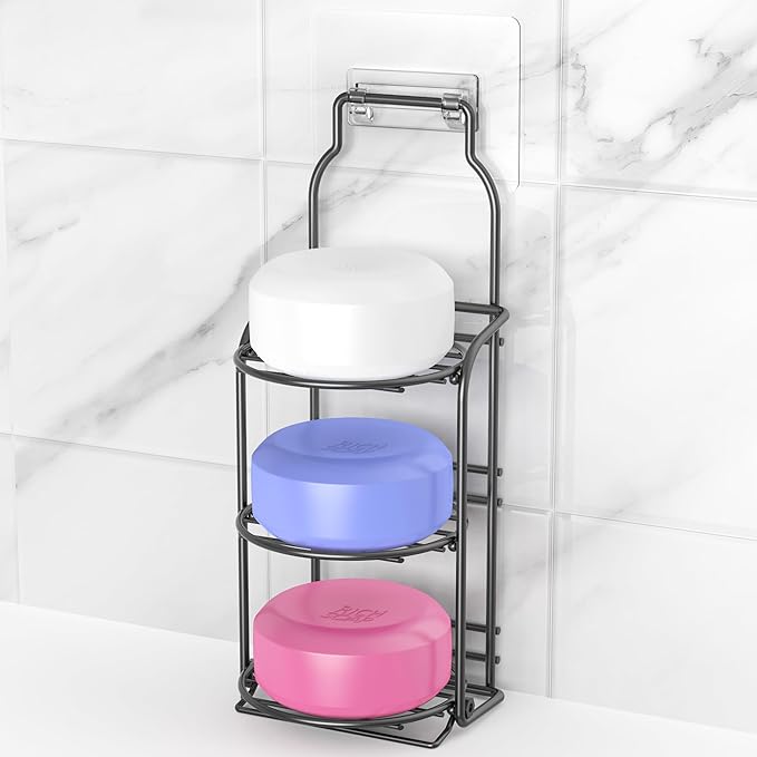 3-Tier Shower Soap Shampoo Bar Holder, Self Adhesive&Freestanding Draining Soap Caddy for Bathroom Wall Accesories, Apartment Essentials Decor…