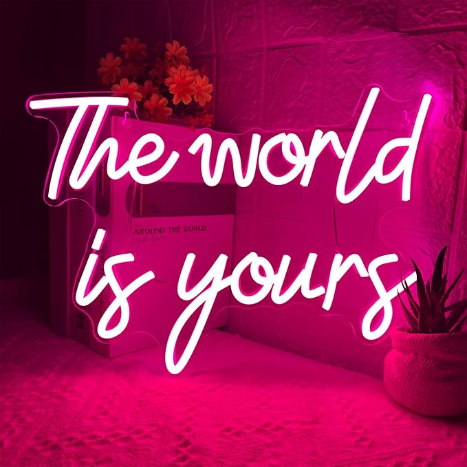 The World is Yours Neon Sign, Dimmable Word Lights for Wall Decor, Pink LED Neon Signs, World Neon Light up Sign for Bedroom Office Graduation Party Girl Room Birthday Present Engagement Valentine