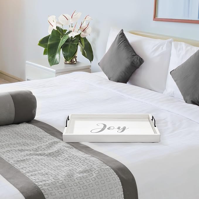 Elegant Designs, 15.50" x 12", Decorative Wood Serving Tray w/Handles, White Wash Joy (HG2000-WJY)