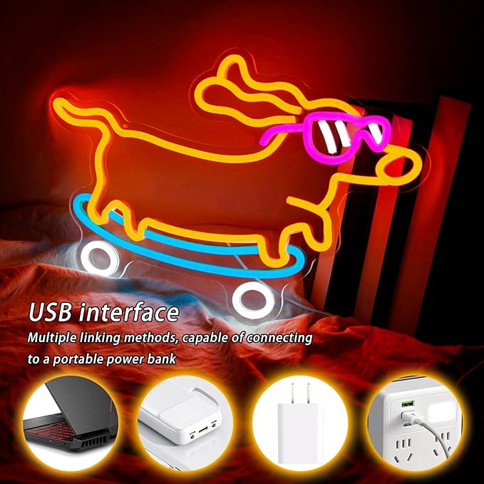 Dachshund Neon Sign Dimmable Led Skateboard Dog Neon Sign With Glasses Led Light Sign for Pet Shop Animal Bedroom Decor Art Wall Decor Gift for Pet Dog Lover Funny