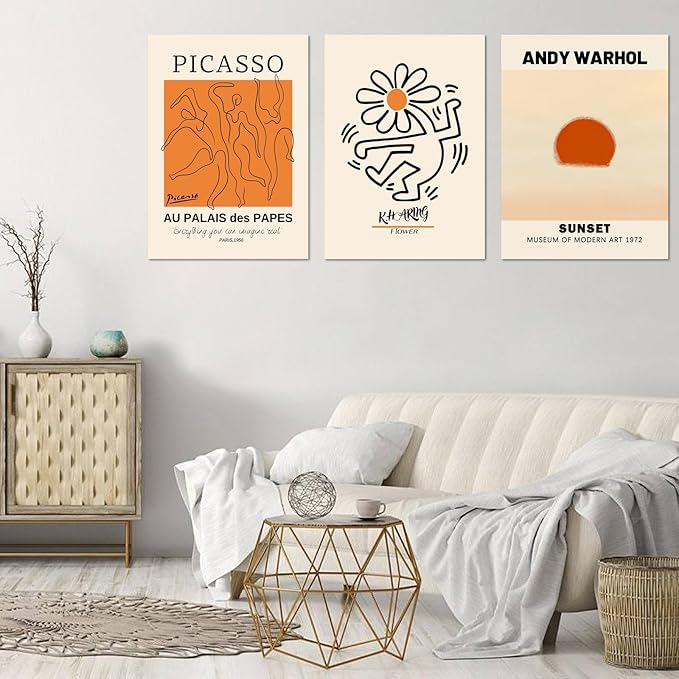 Abstract Wall Art Set of 3, Large Framed Canvas Wall Art Geometric Line Sunset Artwork Painting, Minimalist Wall Art for Living Room, 16"x24" Modern Wall Art Decor for Bedroom, Bathroom, Hotel, Office