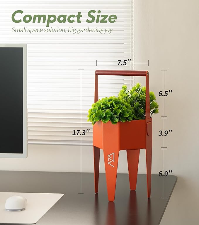 Planter with Stand, Metal 2 in 1 Portable Planter with Grow Bags & Handle, Stable Stylish Indoor Plant Pots with Stand, Modern Flower Pot Outdoor, 7.5'' x 17.3'', Orange, Plant Not Included
