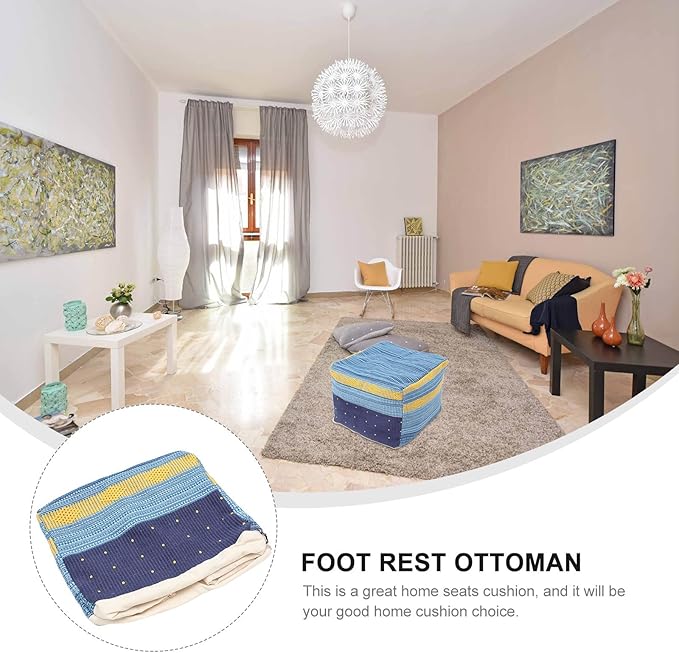 VOSAREA Square Pouf Ottoman Cover - Boho Linen Cushion Decorative Unstuffed Thick Cotton Linen Tatami Buttocks Cushion (Sky-Blue)